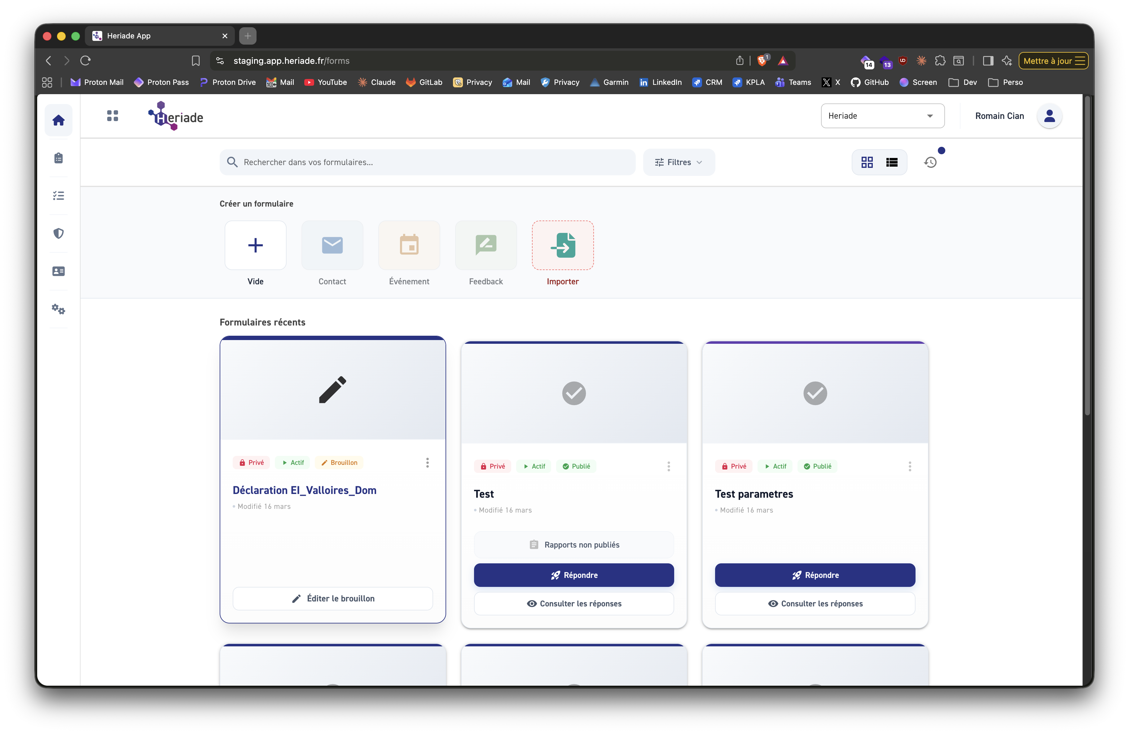 Interface Heriade Formulaires - Dashboard